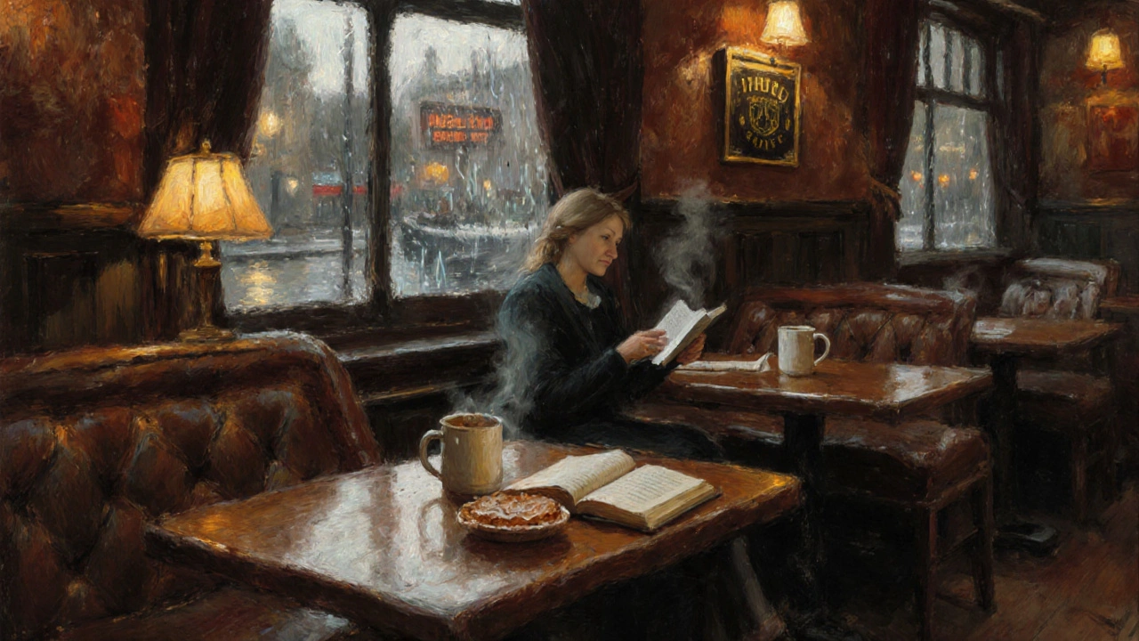 A cozy pub interior with warm lighting, wooden tables, and a woman reading by the window near the canal.