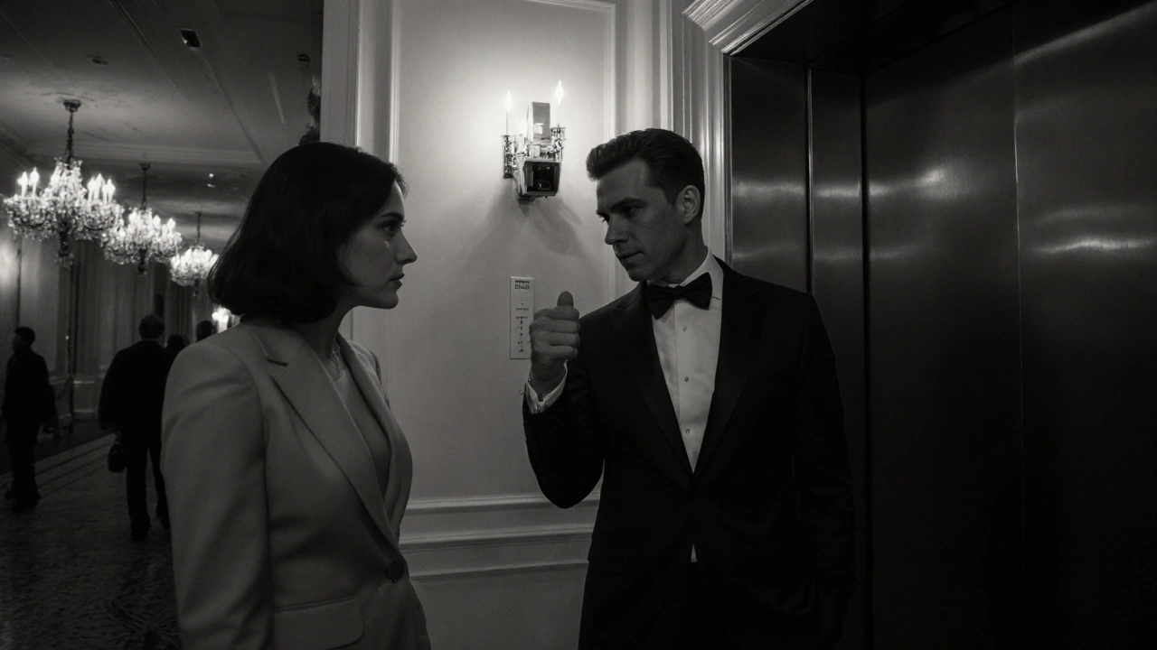 A polite encounter in a Knightsbridge hotel lobby with upscale attire and subtle security presence.