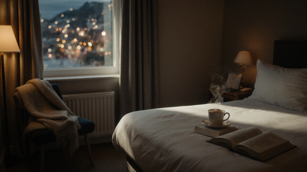 A quiet hotel room in Sutton with tea and a book on the nightstand, evoking a calm, private moment.
