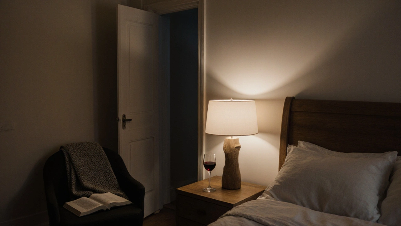 A softly lit bedroom in Bromley with a glass of wine and an open book, door slightly ajar.