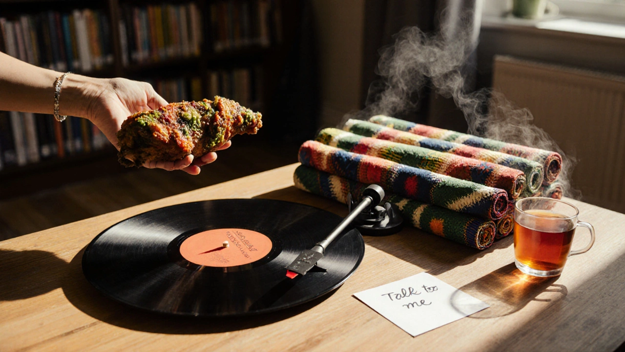A textured still life of market food, fabric, vinyl, and a handwritten note on a wooden table in Walthamstow.