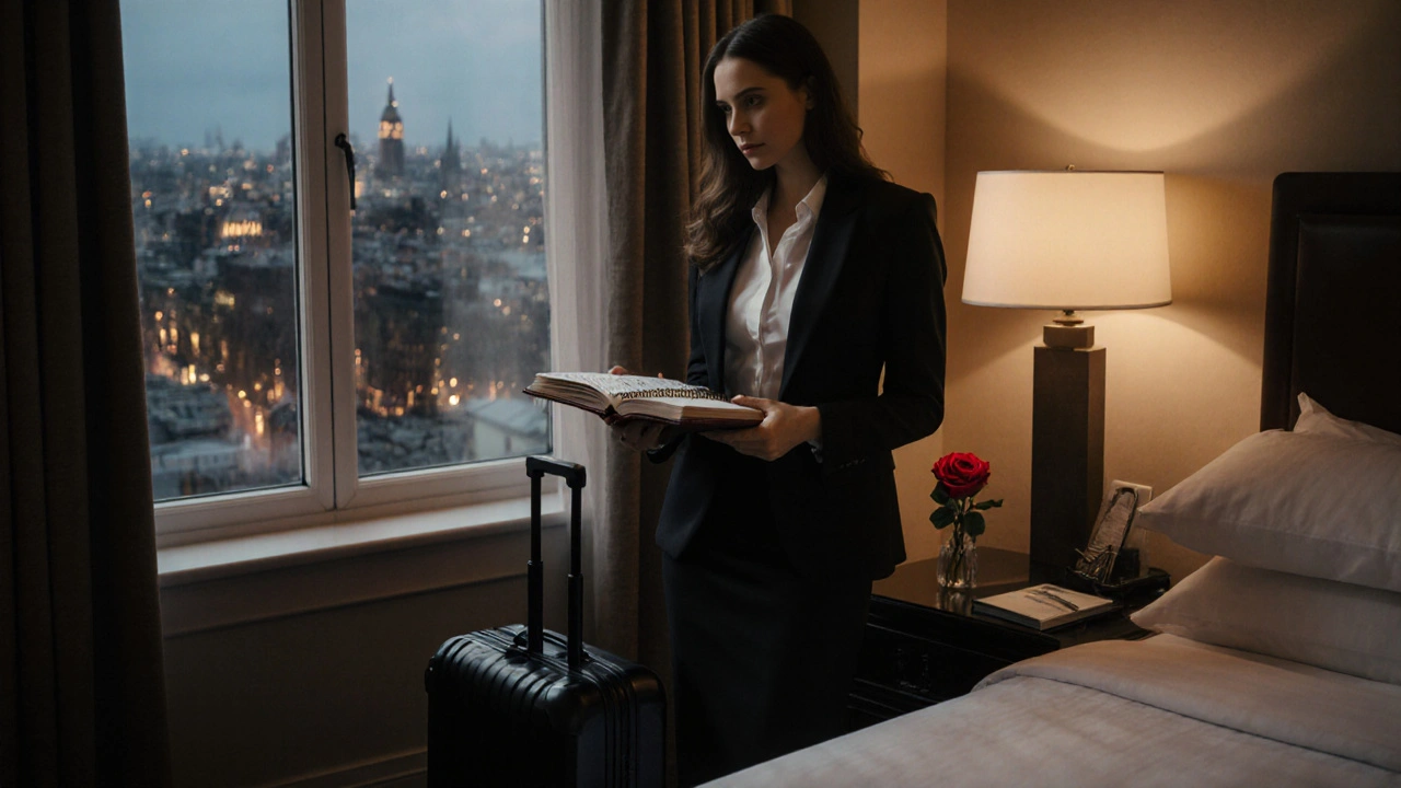 An independent companion in a luxury hotel room holding a planner, with city lights visible through the window.