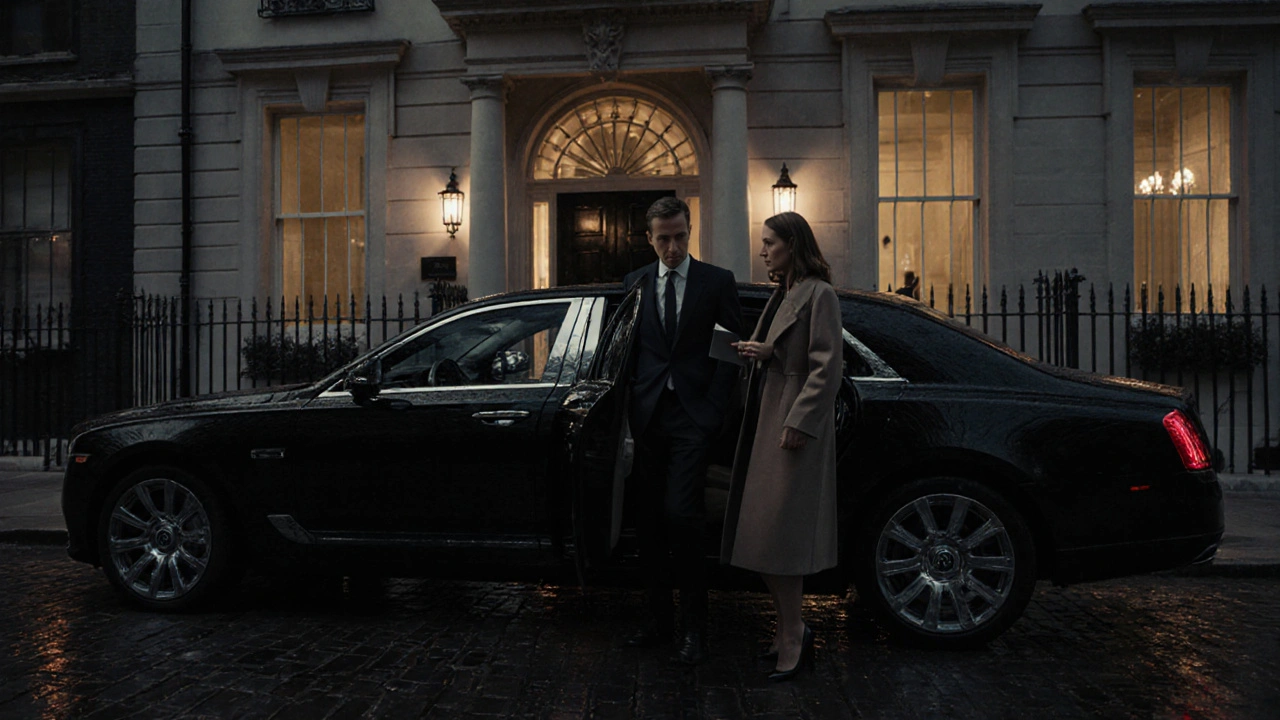 Black limousine outside a historic townhouse with a dressed couple holding a discreet envelope.