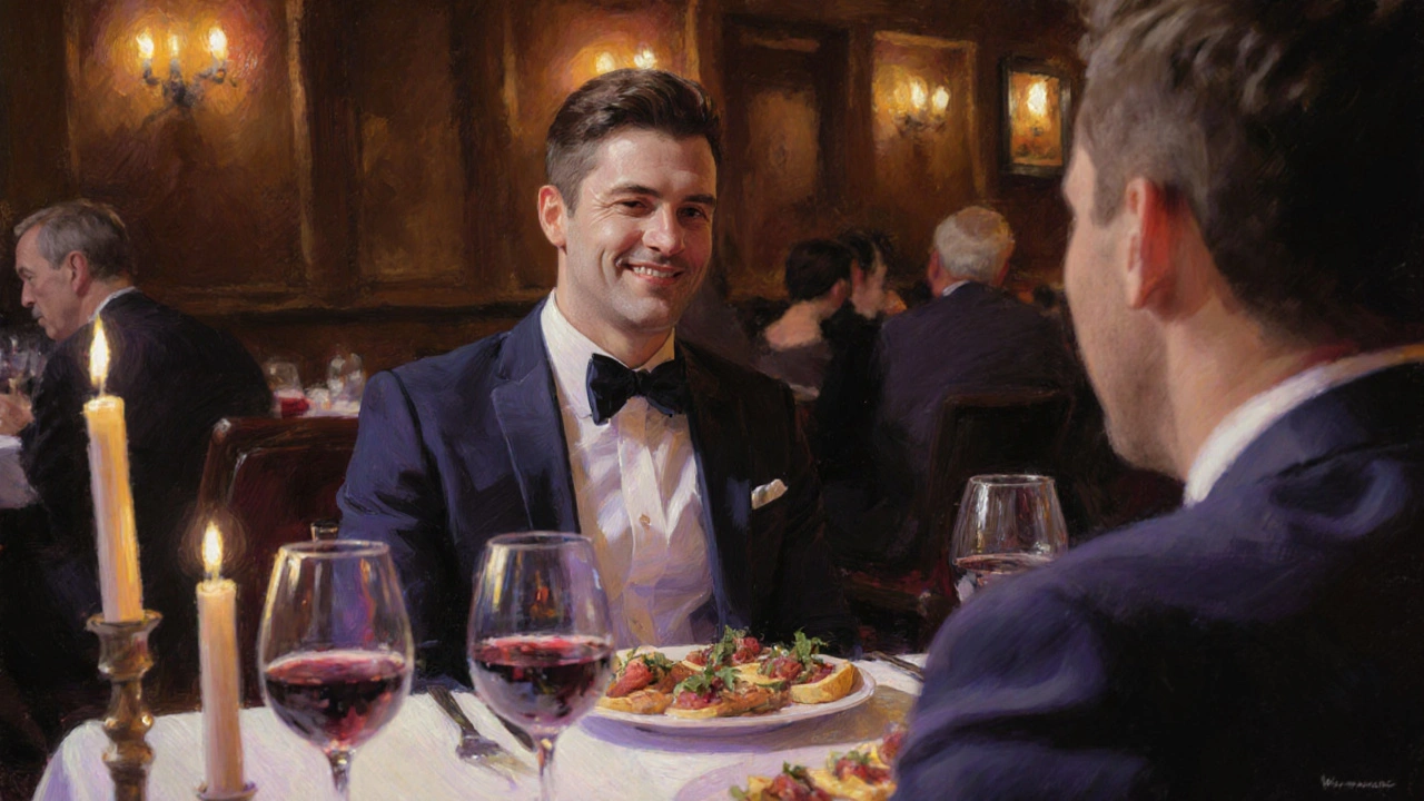 Candlelit dinner at The Oak Lodge with a stylish escort conversing with a client.