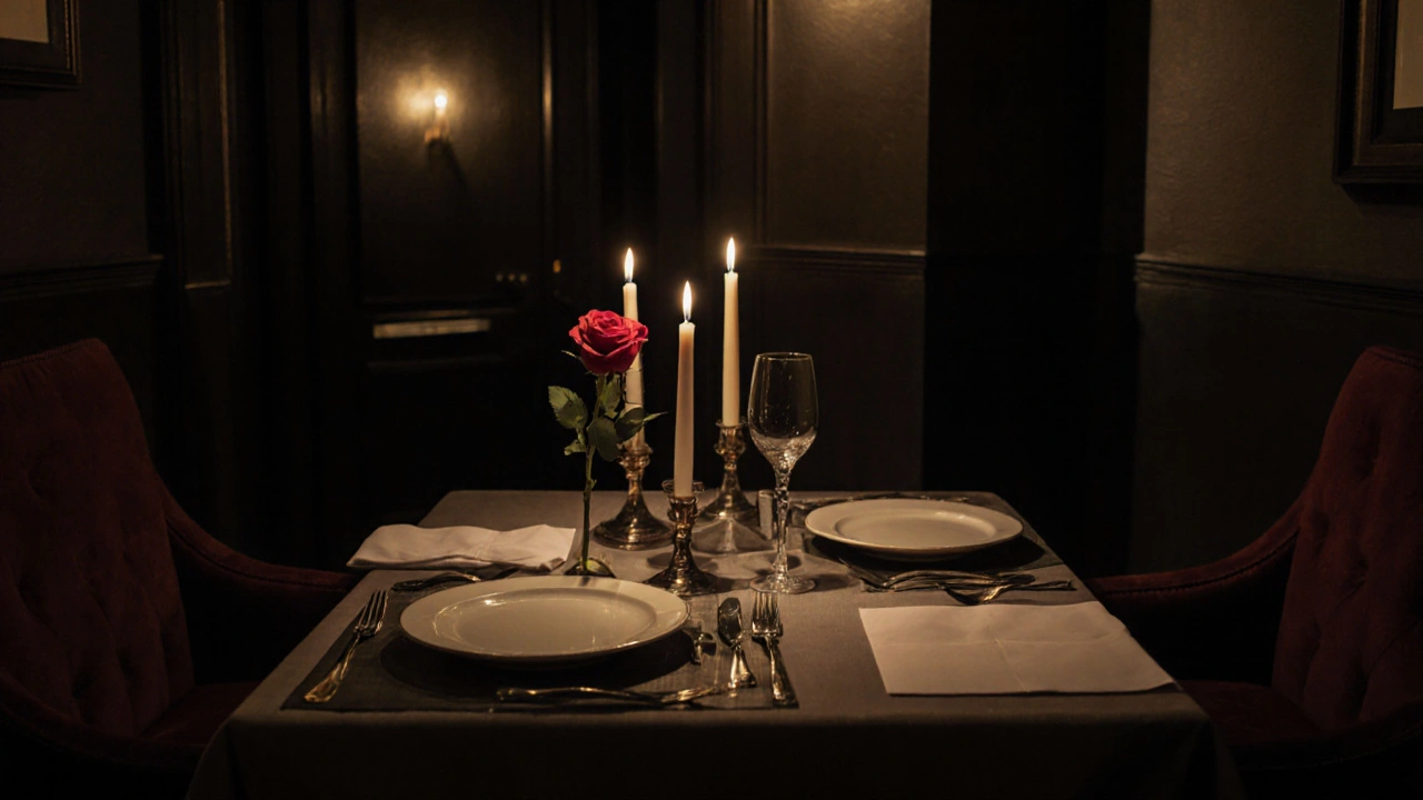 Candlelit table for two in an upscale private lounge, creating an intimate romantic setting.