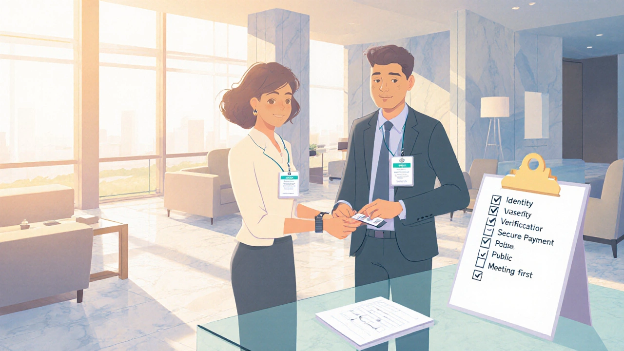 Client and companion exchanging a verification badge in a bright hotel lobby, symbolizing safety.