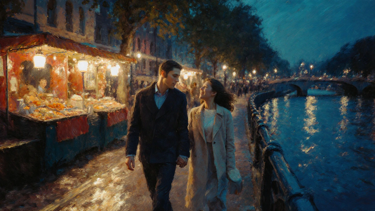 Couple strolling by the Thames at night with lanterns and river lights, the escort laughing.