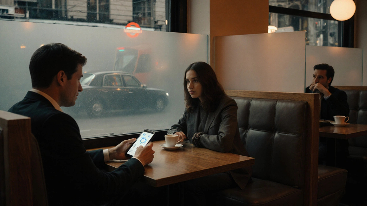 Cozy café near Stratford Station with two people meeting, encrypted phone chat, and a black cab outside.
