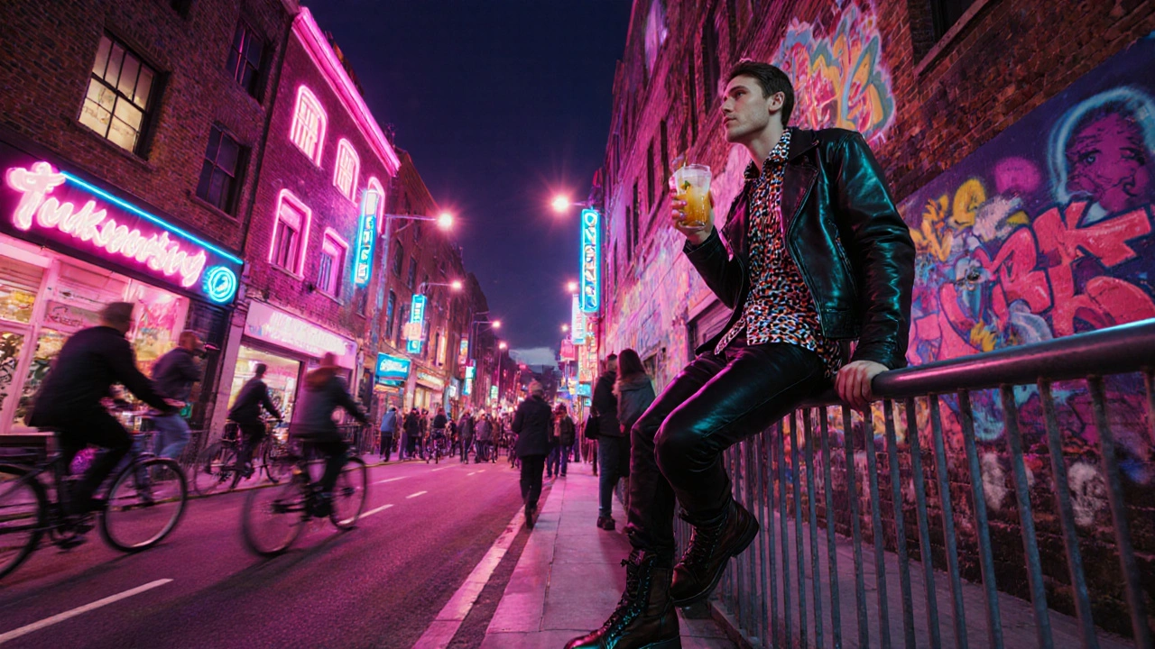 Edgy escort with cocktail amid neon‑lit Hackney street art and bustling nightlife.