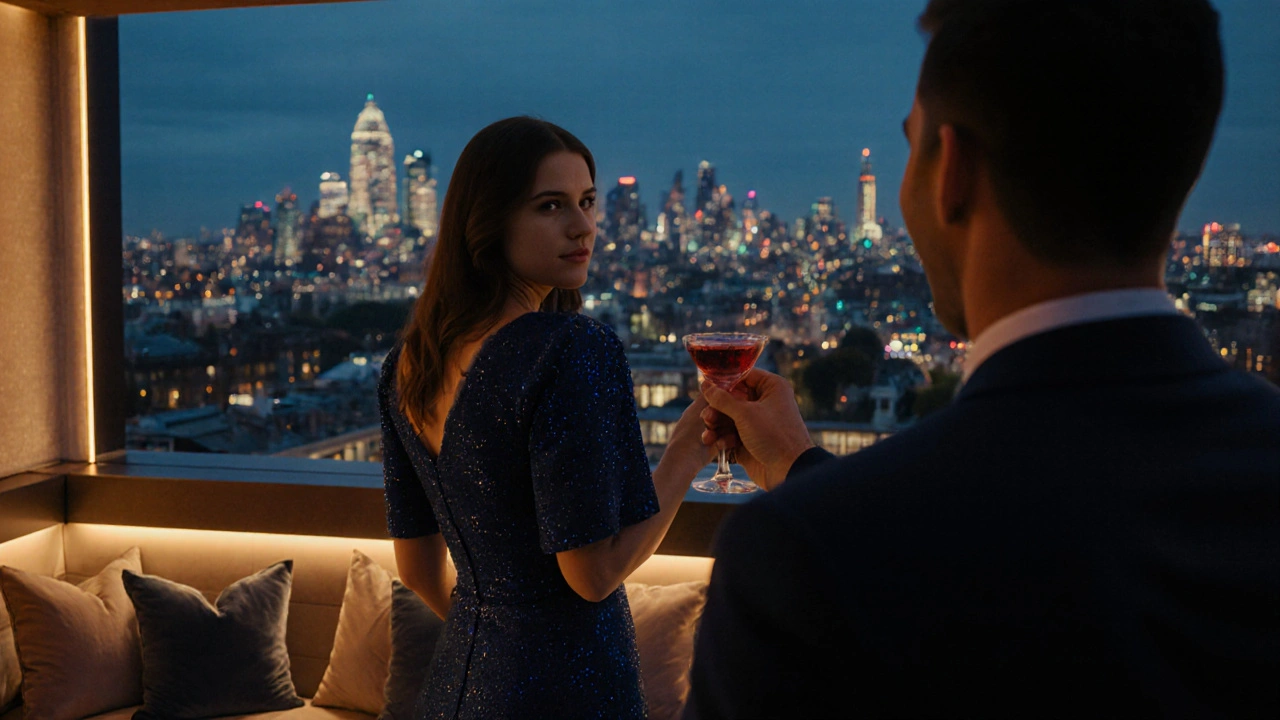 Elegant companion holding a cocktail on a rooftop bar with the London skyline at night.