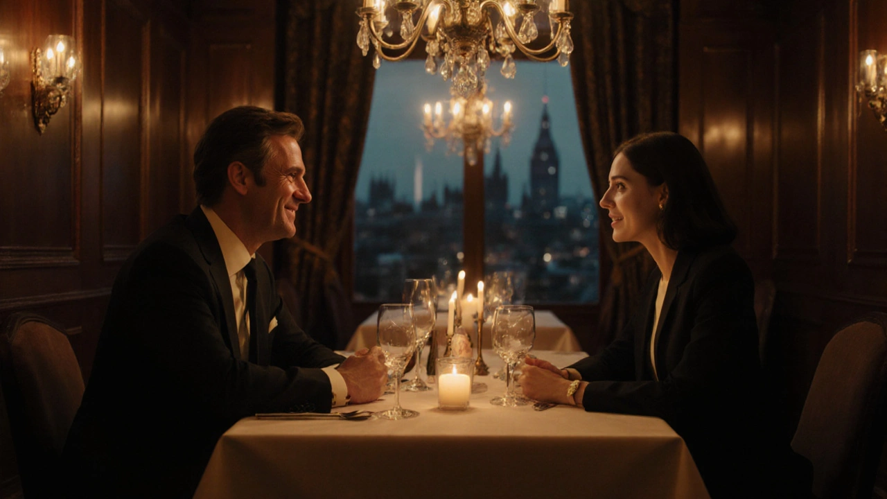 Elegant dinner scene with smiling companion, conveying trust and discretion.