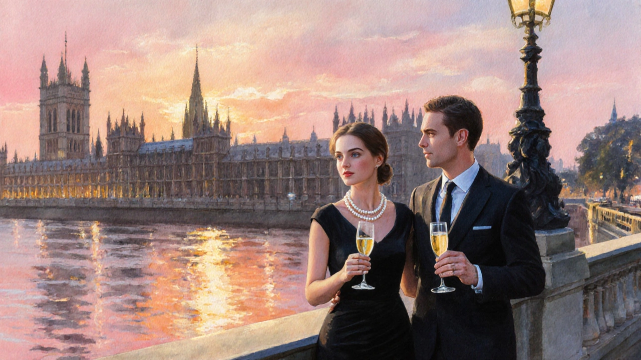 Elegant escort and client enjoying champagne by the Thames with Westminster landmarks.