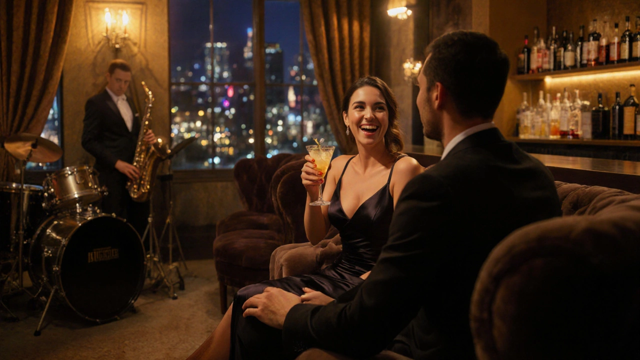 Elegant escort and client enjoying drinks in a cozy Hackney lounge with live music.