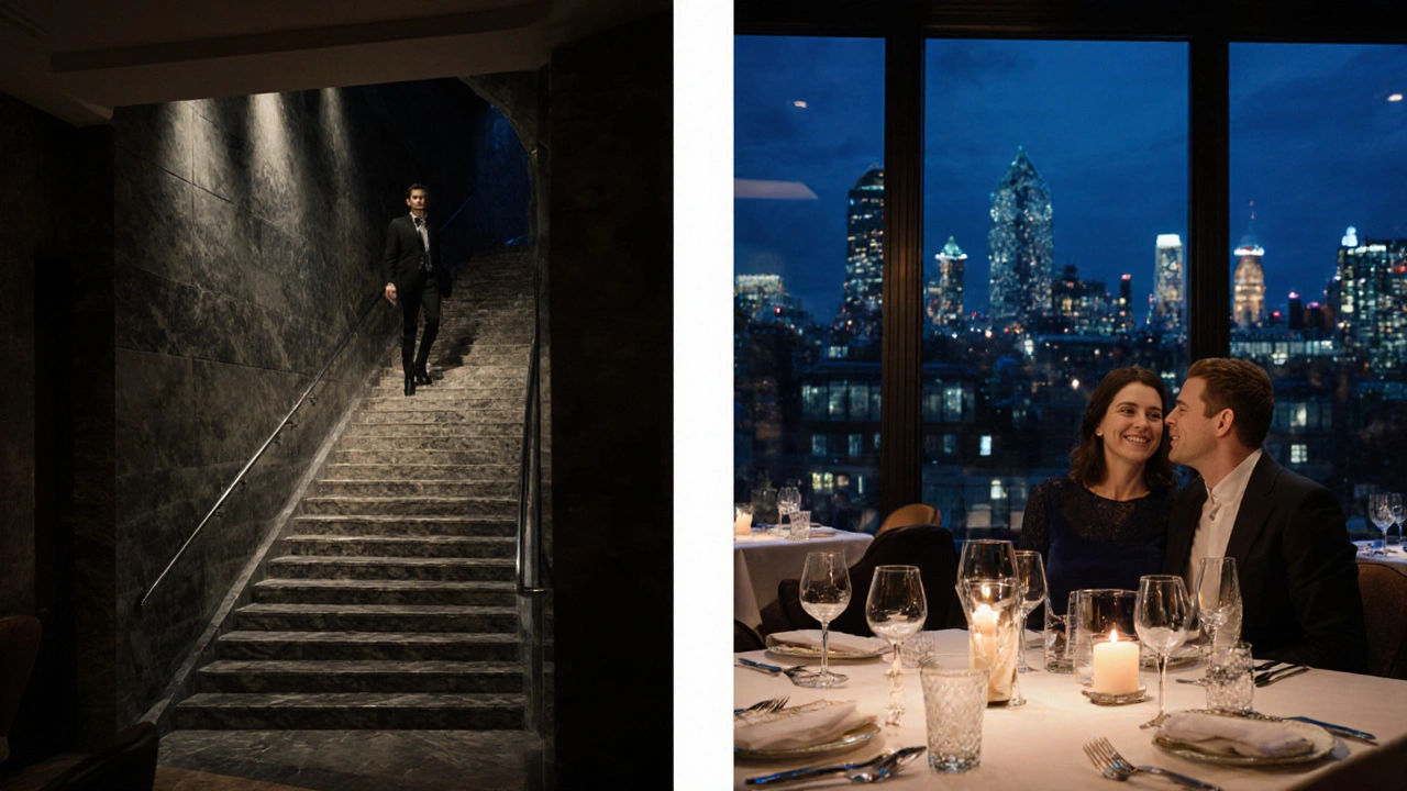 Elegant night scene moving from a British Museum private viewing to a Michelin‑star dinner in Mayfair.