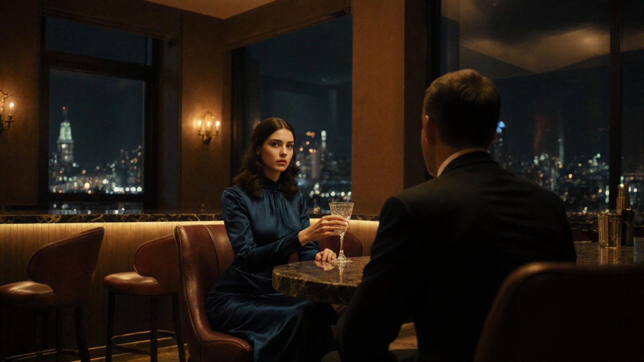 Elegant woman in a silk dress converses with a gentleman in a hotel bar.