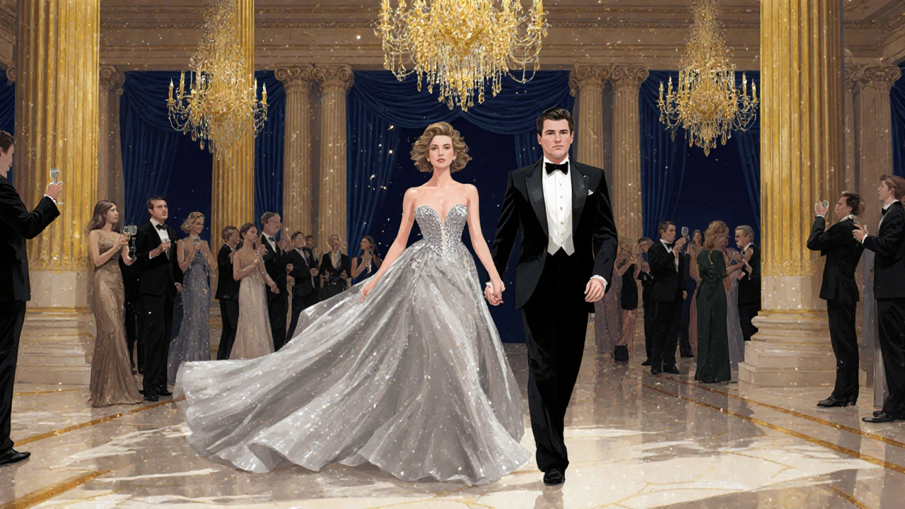 Escort and client entering an elegant gala with chandeliers.