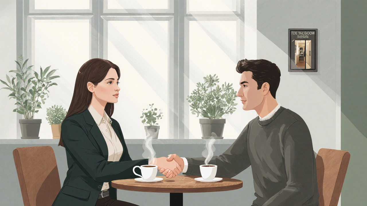 Escort and client meeting at a bright café for a first introduction.