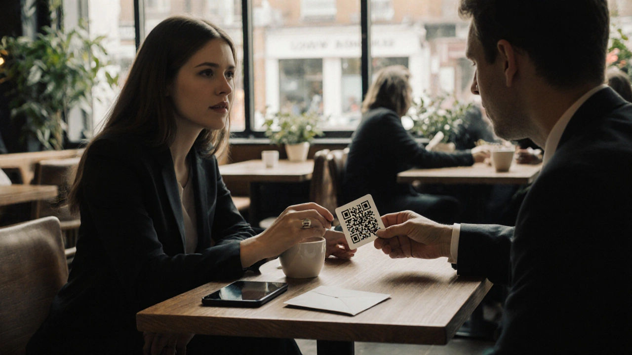Escort and client sharing coffee in a bright Hackney café, exchanging discreet payment.