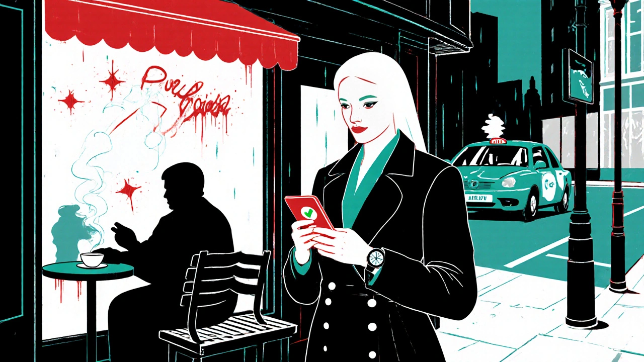 Escort checking client verification on phone outside a Soho café, with a discreet buddy nearby.