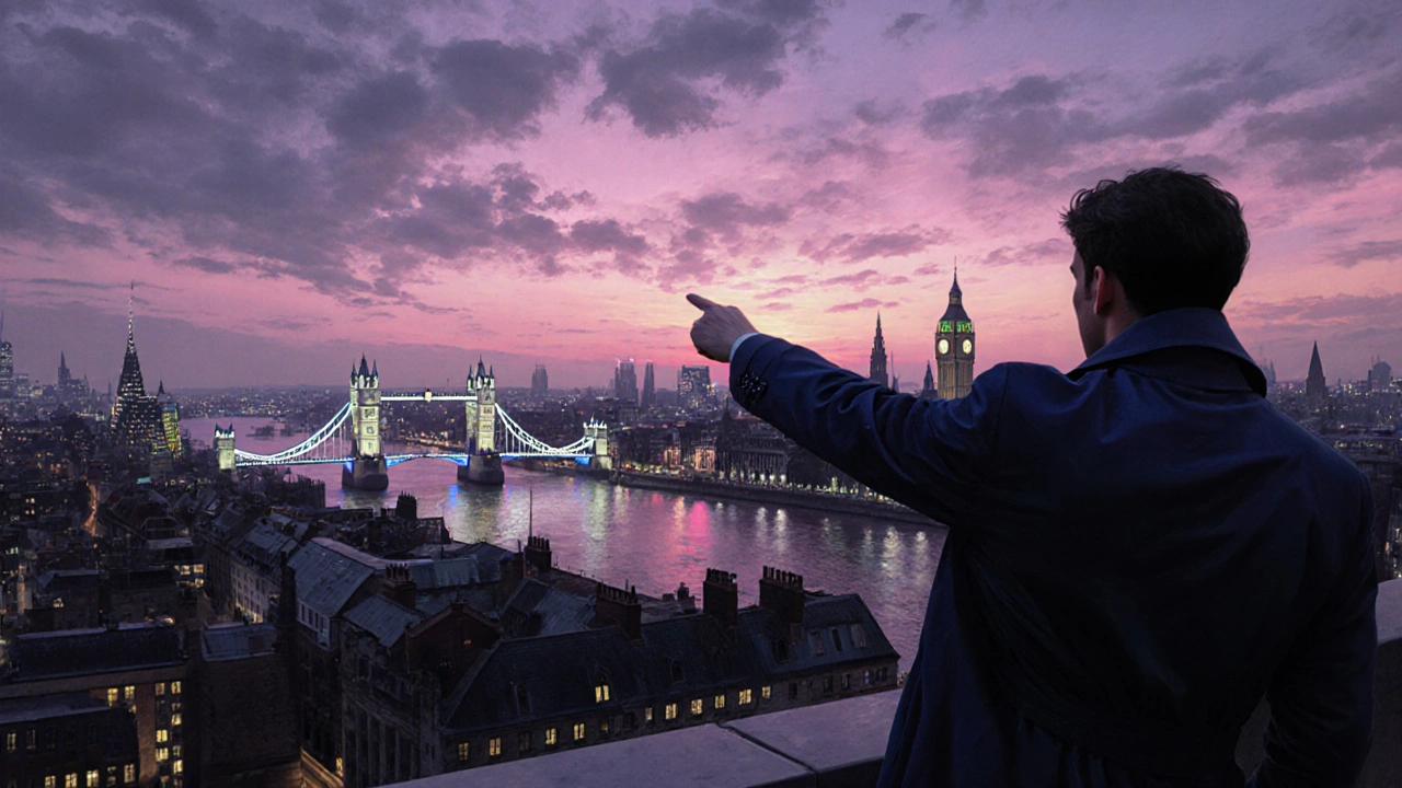 Escort pointing to Tower Bridge from a rooftop at sunset.