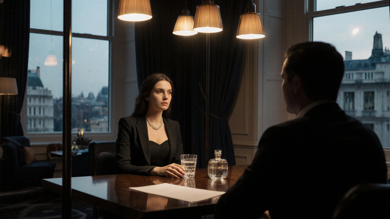 Escort seated in a Mayfair hotel lounge, elegant attire, glass of water, perfume bottle on table.