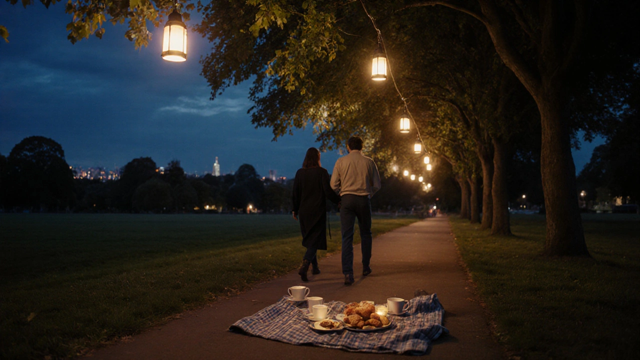 Evening stroll and picnic on lantern‑lit path in Tooting Common showing friendly companionship.