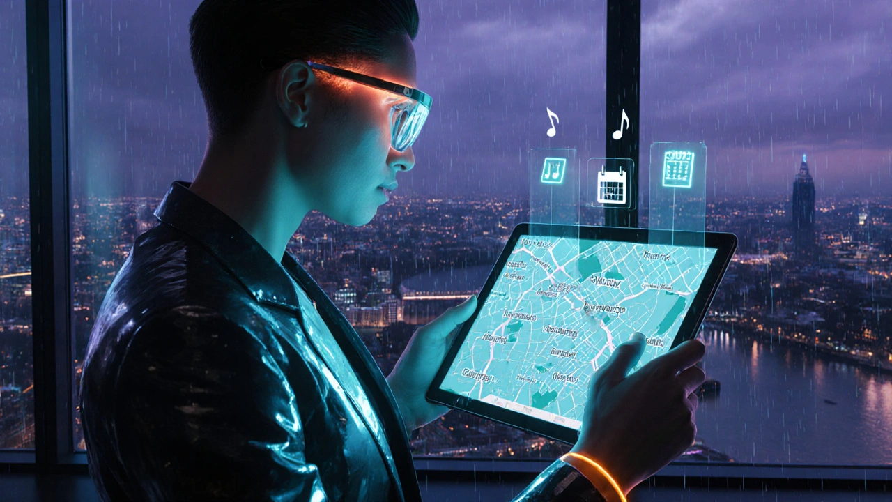 Futuristic companion using AR tablet to map a night out in Barnet.