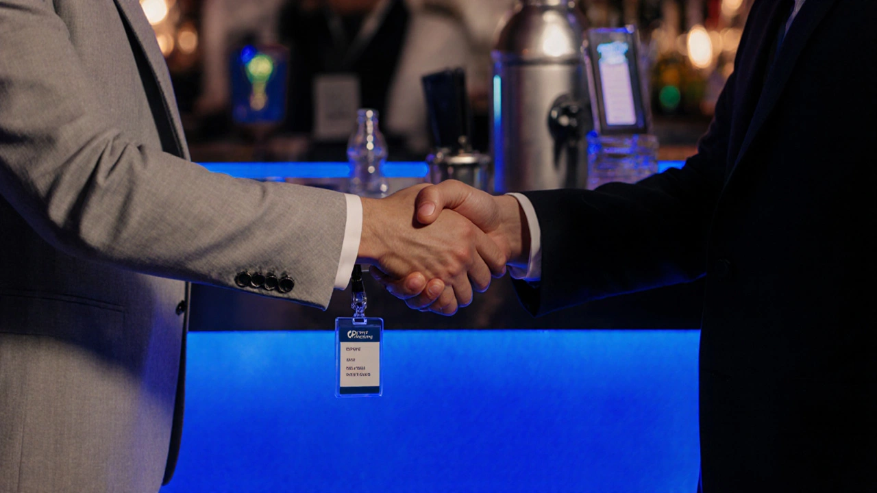 Handshake in upscale bar indicating verification and safety.