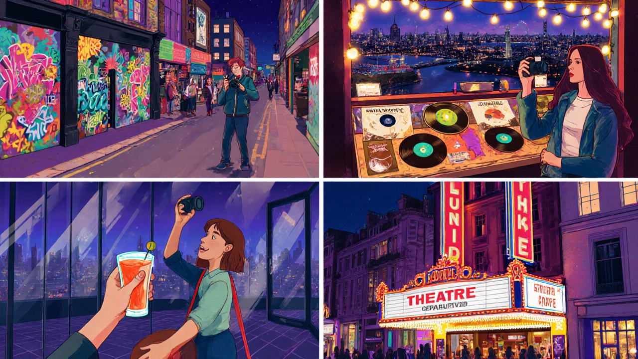Illustrated collage showing Shoreditch street art, Camden market, Canary Wharf rooftop lounge, and West End theatre.