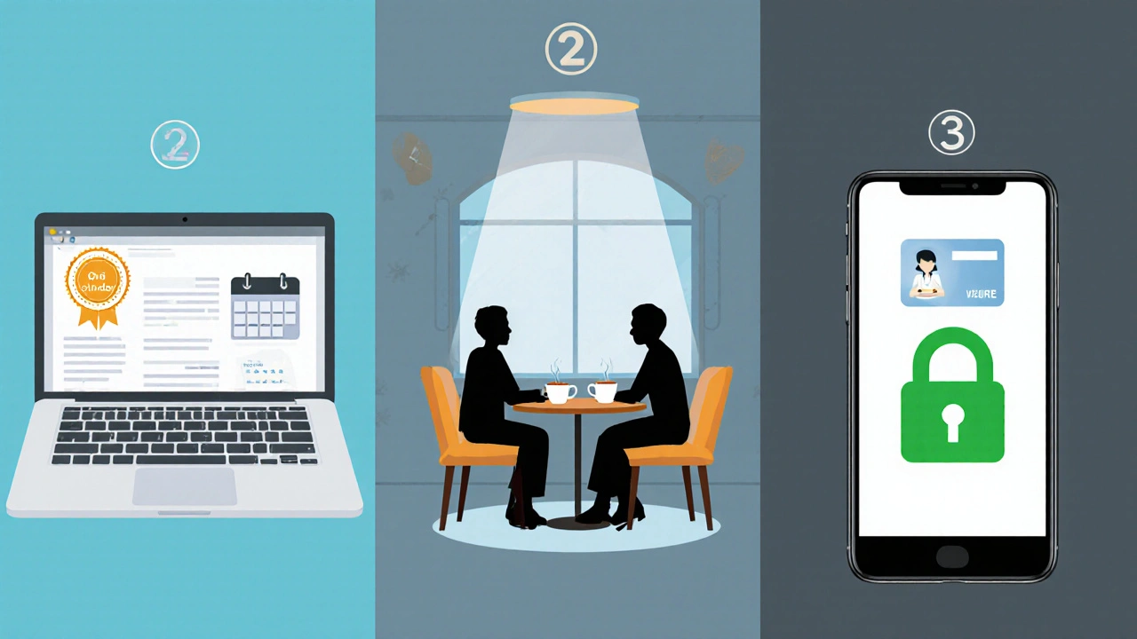 Illustrated guide showing online research, café meetup, and secure payment steps.