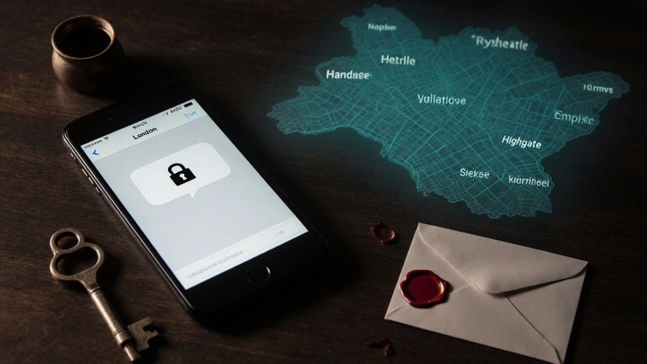 Minimalist scene of a smartphone with lock icon, envelope, and map indicating discreet escort booking.