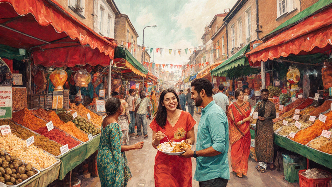 Multicultural market scene with an escort and client sharing street food at Tooting Market.