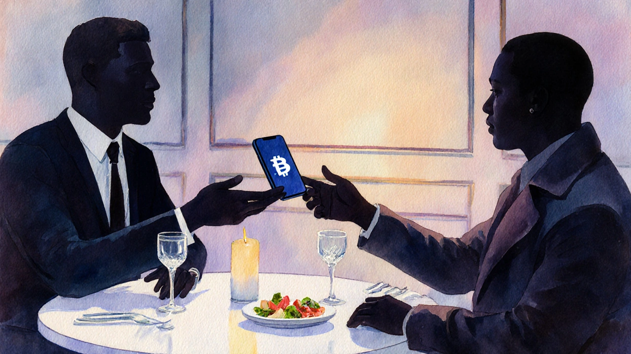Private lounge with a table, candles, and two silhouetted figures exchanging a crypto wallet on a phone.