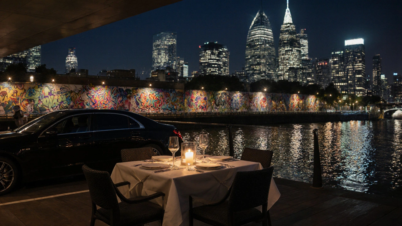 Riverside dinner in Canary Wharf at night, candlelit table with city lights reflected in the water.