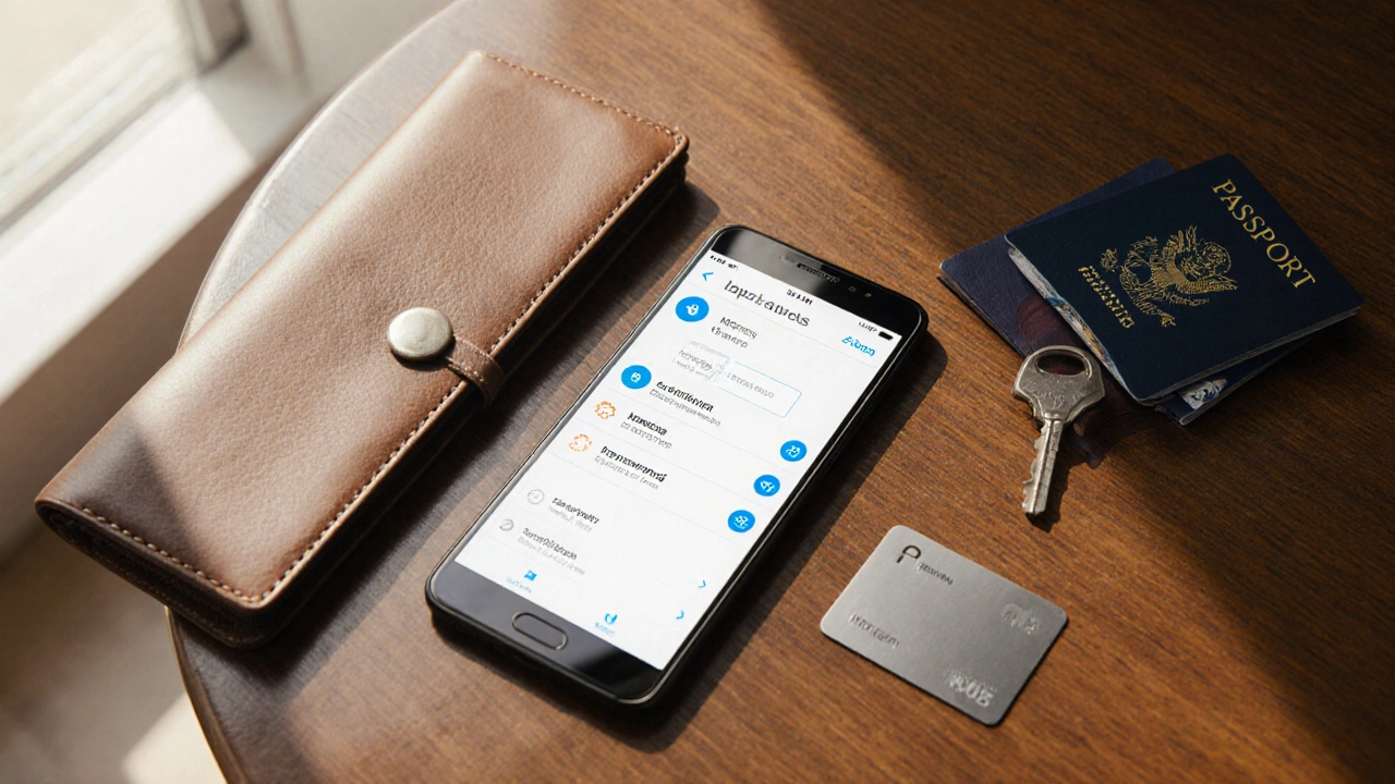 Smartphone showing a verified booking app beside a clutch and keycard.