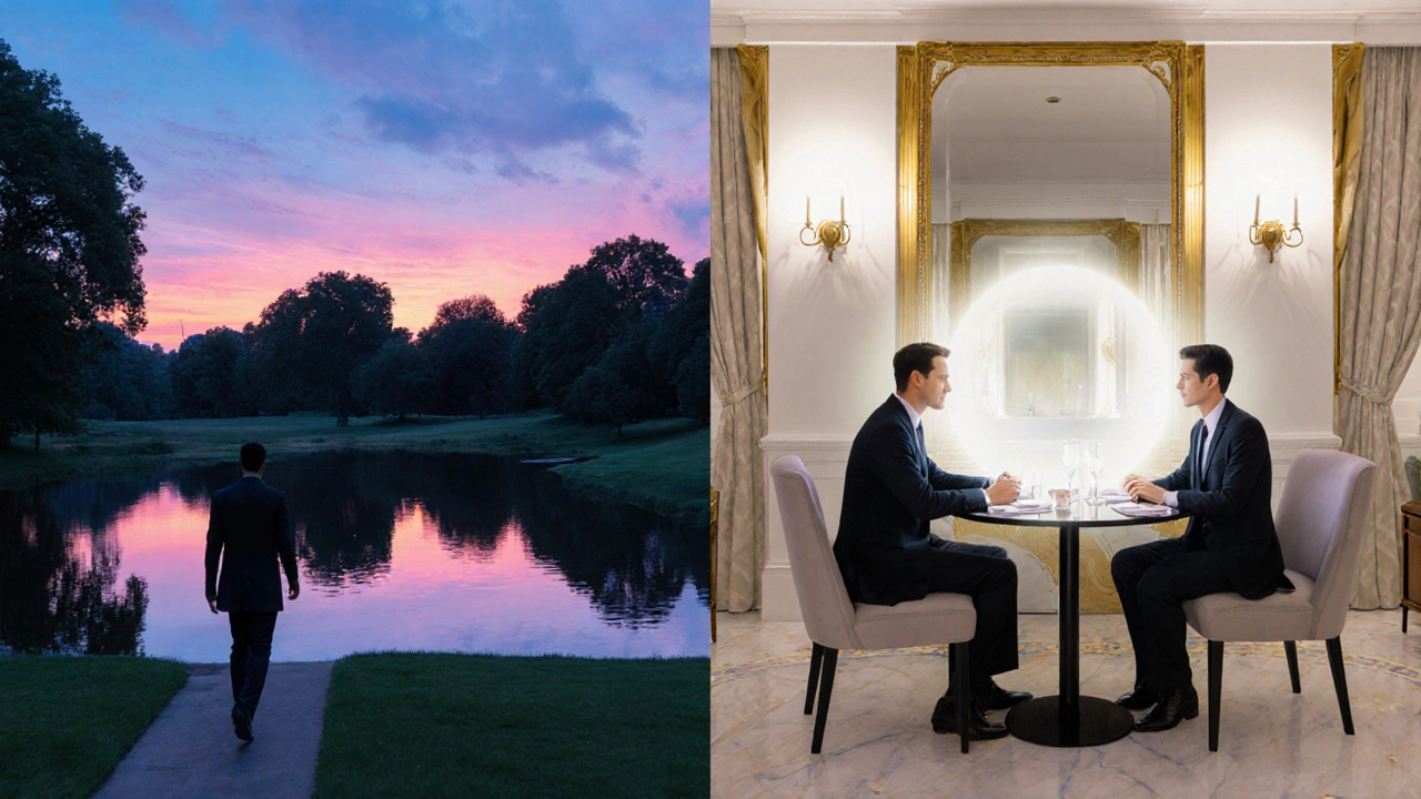 Split illustration of a person walking in St. Helier Park and later dining in a luxury hotel, radiating confidence.