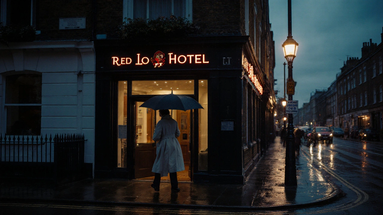 The entrance of a quiet boutique hotel in Sutton at dusk, with a person leaving discreetly under soft streetlights.