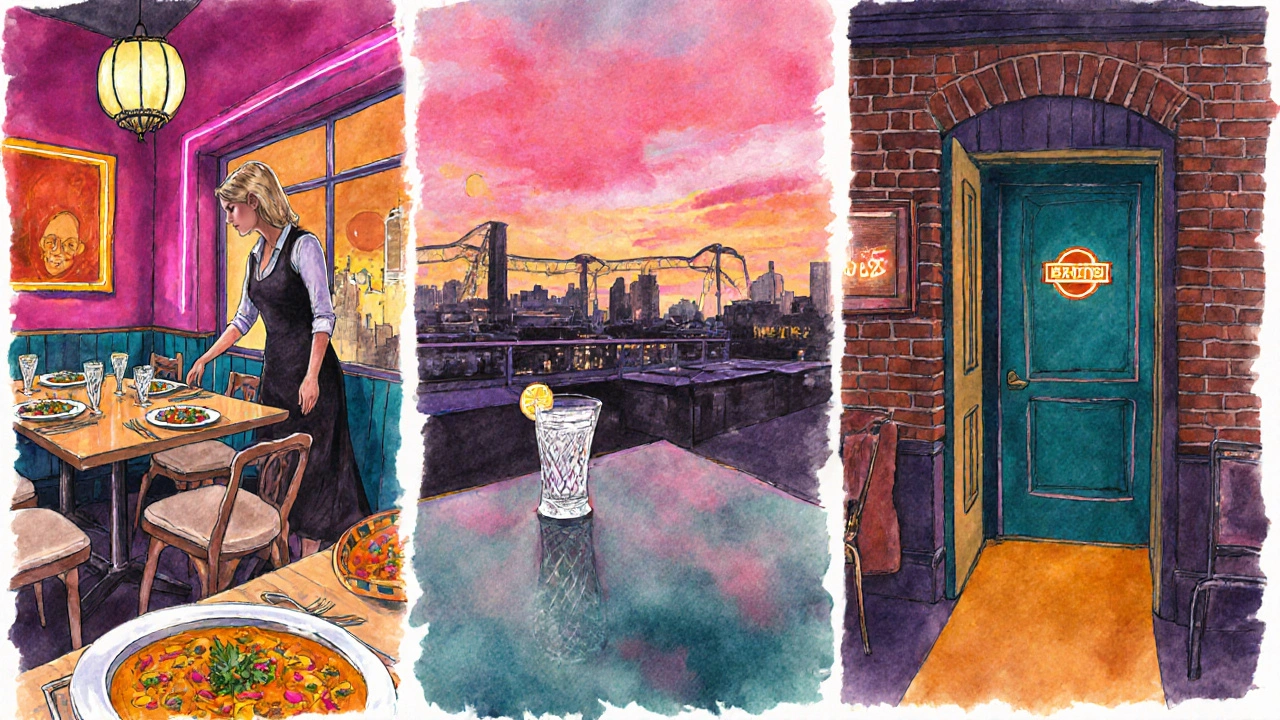 Three‑panel watercolor of a progressive dinner: Indian starter, rooftop cocktail, hidden speakeasy.