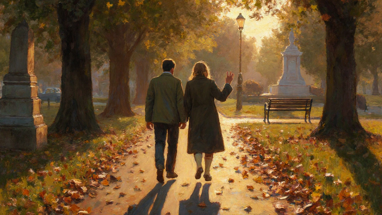 Two people walk peacefully along Bromley Common at sunset, sharing a quiet moment under autumn trees.