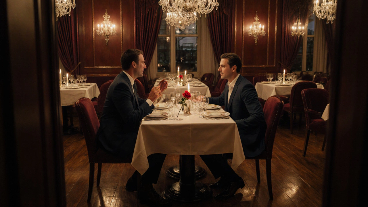 Well‑dressed escort and client having conversation over dinner with candlelight.