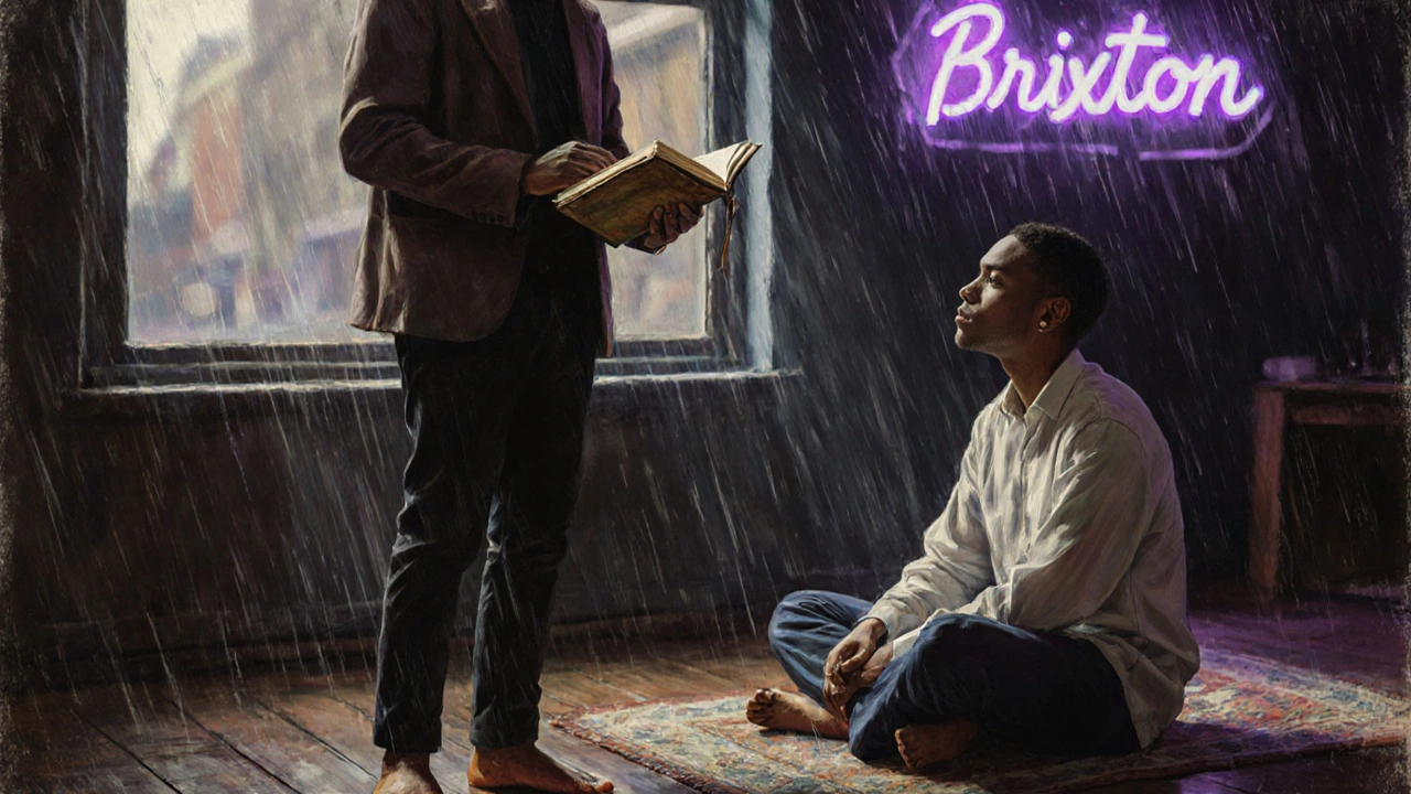 A Black poet stands barefoot in a rain-streaked room, sharing poetry with a quiet listener.