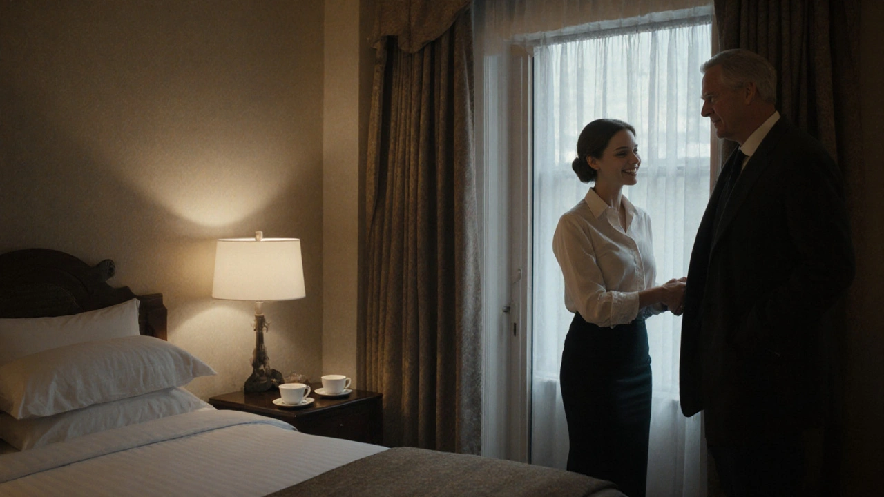 A client hesitates at the door of a clean hotel room, greeted warmly by an escort in a tailored blouse.