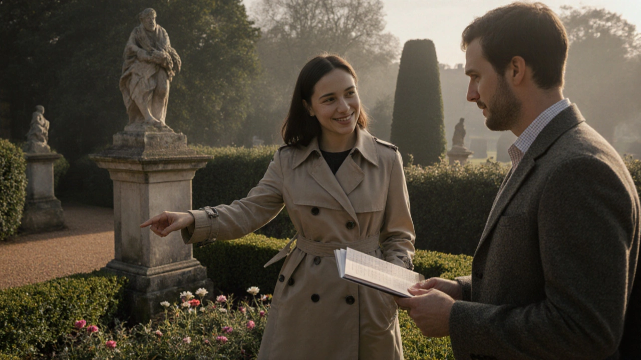 A companion shows an expat hidden flowers in Hampton Court Gardens before the tourist crowds arrive, morning mist softening the scene.