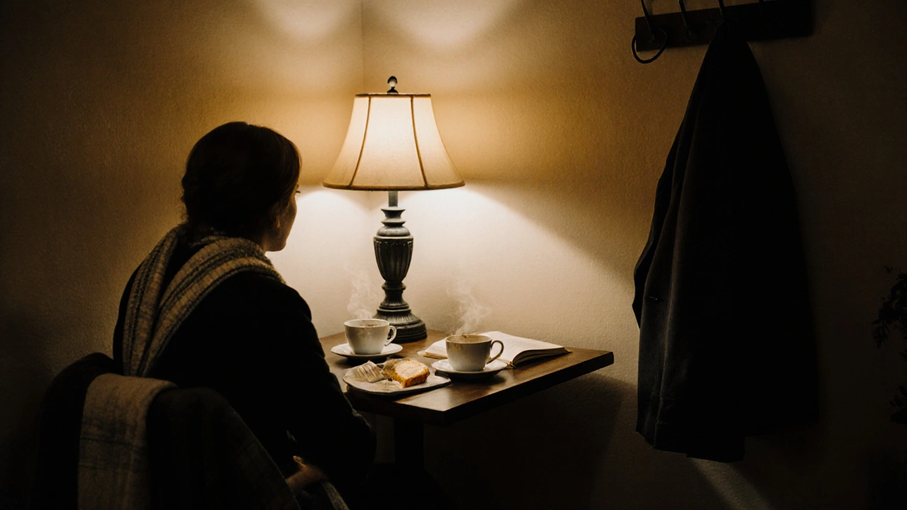 A cozy café corner with two cups, an open book, and soft lighting in Ealing Broadway.