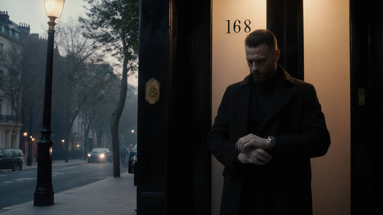 A discreet, upscale London residence entrance at dusk with no signs, only quiet elegance and privacy.