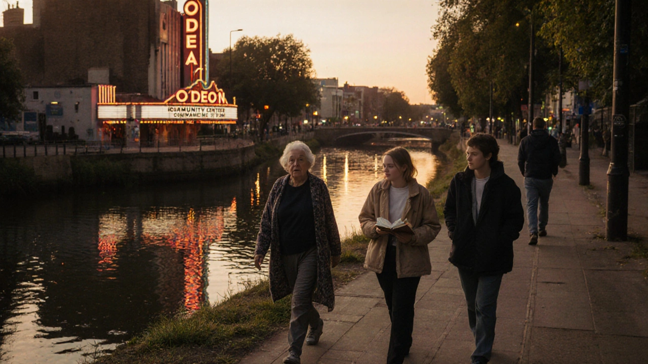 A diverse group walking along the River Ravensbourne at sunset, passing the old Odeon cinema sign.