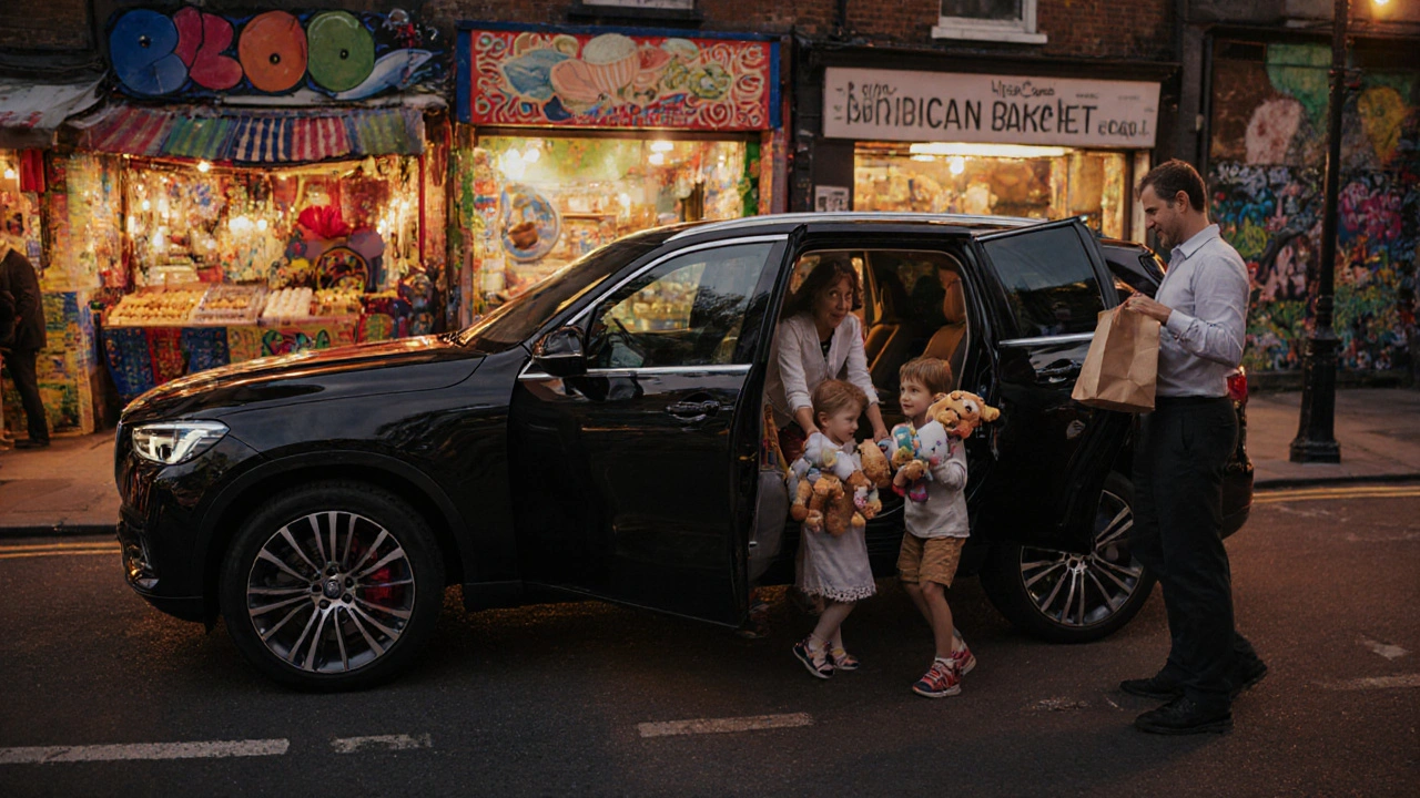 A family exits a spacious SUV near Brixton Road, greeted by a driver holding pastries under twilight market lights.
