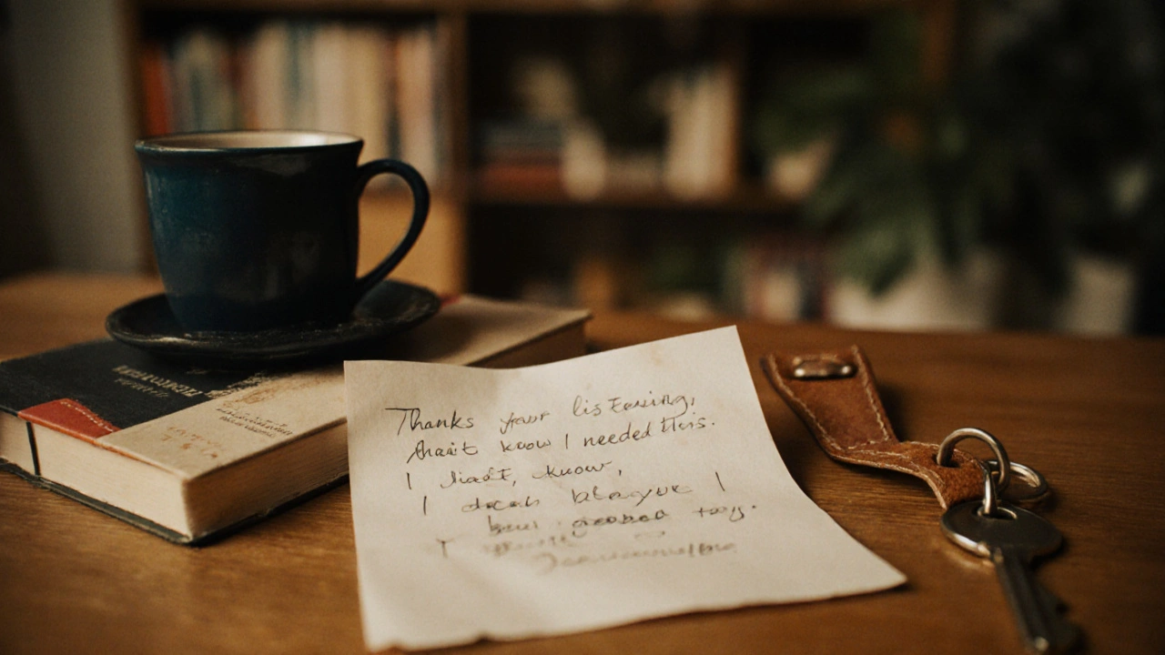 A handwritten note of gratitude beside a teacup and open book on a wooden table.