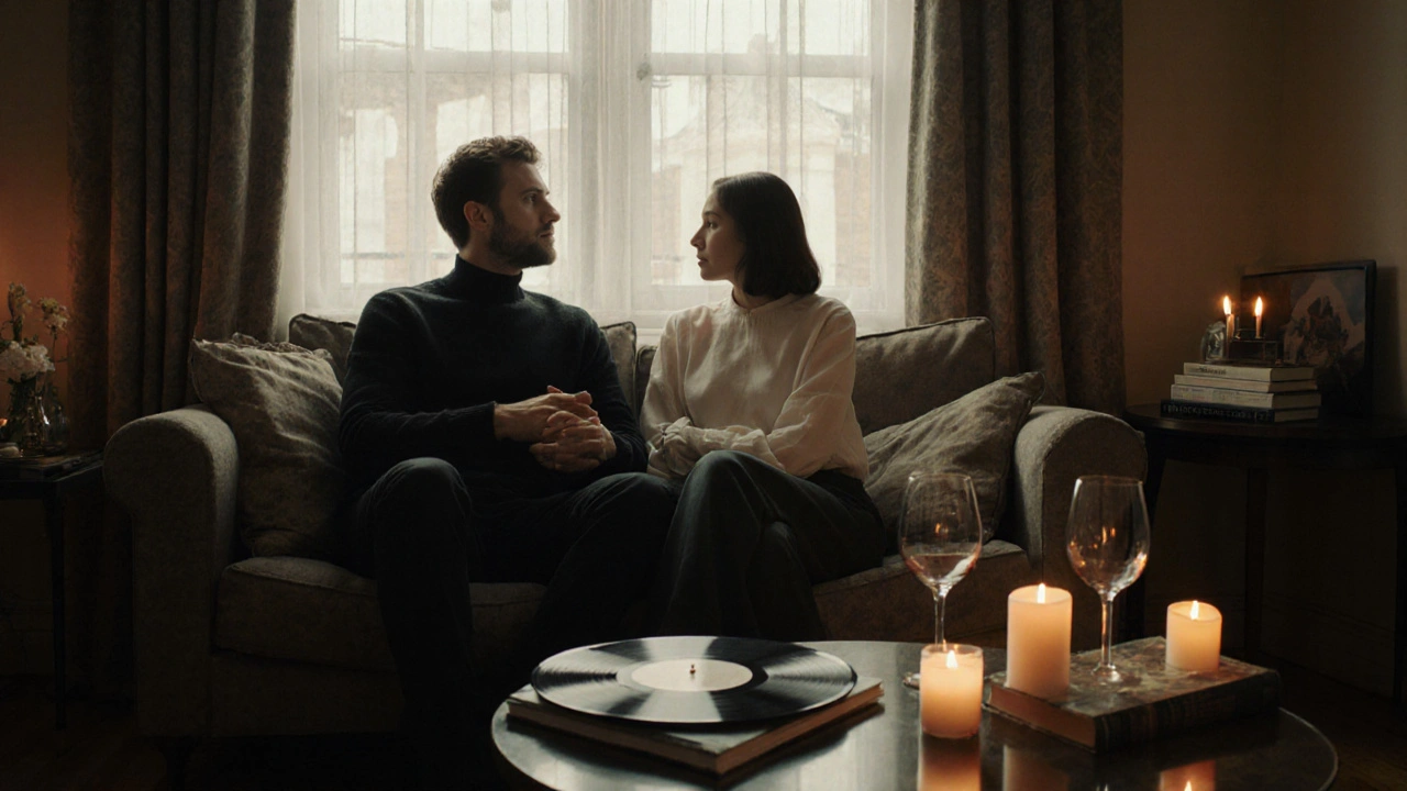 A man and woman sitting quietly together on a sofa in a cozy London apartment, candles glowing, vinyl record playing, books and wine nearby.