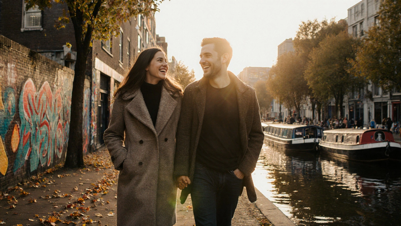 A man and woman walking peacefully along the Regent’s Canal in Shoreditch during golden hour.